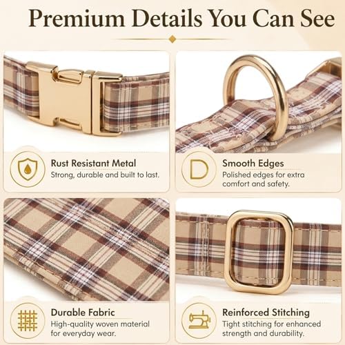 Soft Cotton Dog Collar Classic Plaid Pet Collars with Metal Clasp for Large Dogs with Sensitive Skin, Camel Brown