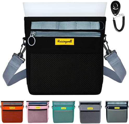 Raisingwell Dog Treat Pouch with Magnetic Closure 4-Cup Silicone Bag Fanny Pack Holder with Clicker 4 Ways to Wear Front Pocket Fits All Phones Ideal for Leash, Pet Walking and Training（Black）