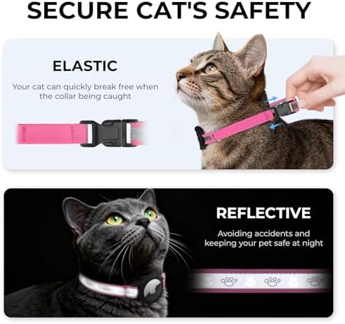 Breakaway AirTag Cat Collar, Reflective Cat Tracker Collar with Bell | Built in AirTag Holder, Adjustable 8.5-12in for Cats, Kittens and Puppies, Safety Elastic Band, Reflective for Night Walking