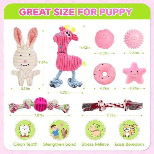 8 Pack Luxury Puppy Toys for Teething Small Dogs, Puppy Chew Toys with Squeaky Dog Toys, Balls and Rope Dog Chew Toys, Dog Toys to Keep Them Busy (Pink, 8-Pack)