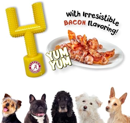 NCAA Alabama Crimson Tide Mega-Chew Hard Nylon Bacon-flavored Dog Bone Football Goal-Post Chew Toy. Interactive, Tasty & Fun Dog Chew Toy. Indestructible, Strong, Tough & Durable Pet Chew Toys