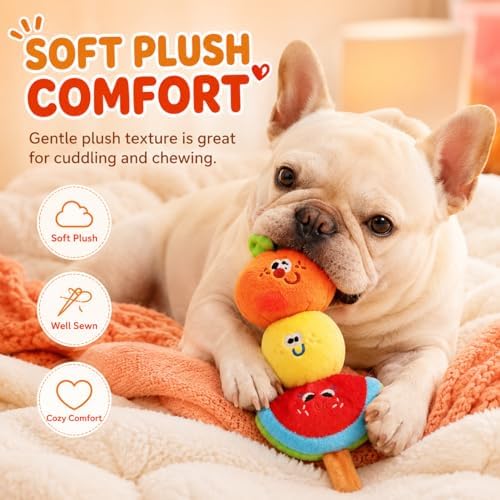 Plush Fruit Dog Toys Cute, Crinkle & Squeaky Dual-Sounded Chewer Toy, Interactive Puppy Chew Toy for Small, Medium Dogs