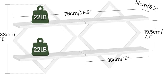 Floating Shelves, Set of 2 Wall Shelves, 2-Tier Hanging Shelves, Wall Shelf Set of 2, for Living Room, Bedroom, Kitchen, Office, Study, White TBJ01P2WB