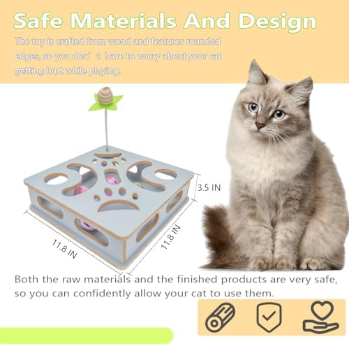 Interactive Wooden Cat Puzzle Toy Box Indoor Hunting Play Toy to Stimulate Your Cat’s Energy and Instincts (Blue)