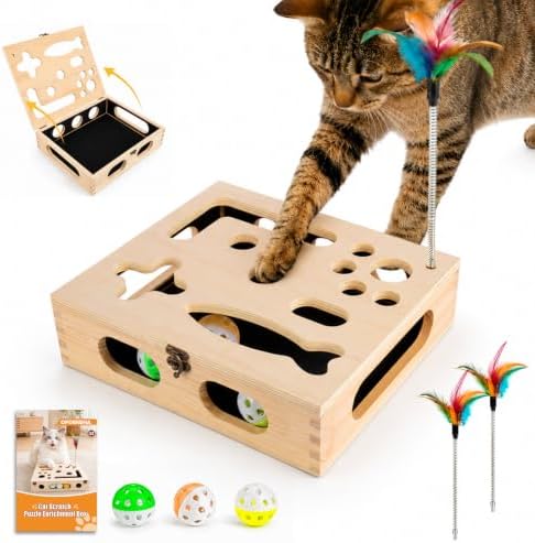 Cat Scratch Puzzle Enrichment Box, Interactive Cat Toy for 3 Balls & 2 Wand