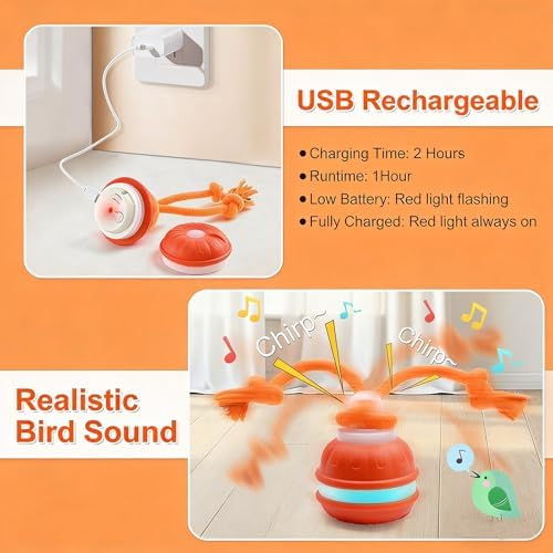 Interactive Dog Toys, Automatic Rolling Ball, Squeak Dog Toys for Boredom Interactive, Touch Activated, Dog Ball Chew Toy with Fun Rope for Small/Medium Dog Cat Indoor/Outdoor (Orange)