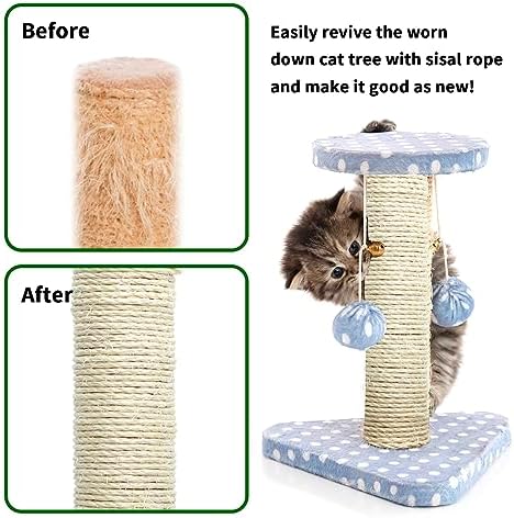 White Sisal Rope 1/6 Inch by 164-Feet for Cat Scratching Post Tree Tower Replacement Repair and Replace, DIY Hemp Twine Rope for Kittens Shelves Furniture Window Bed Perch House Climbing, 4mm by 50m