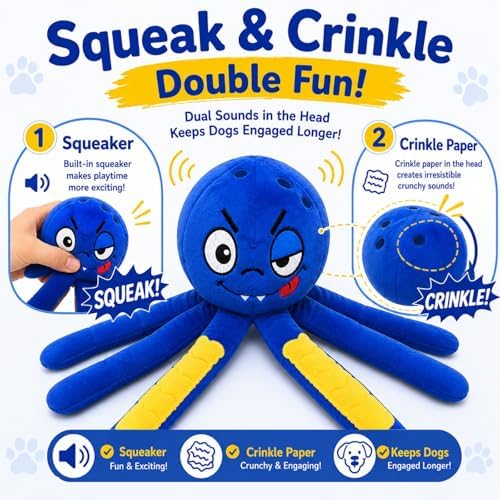 Octopus Dog Toy, Squeaky Plush Toy for Small and Medium Dogs | Funny Octopus Dog Toy with 6 Floppy Tentacles, Squeaker, Crinkle Sounds and Tiny Treat Pockets for Small and Medium Dogs