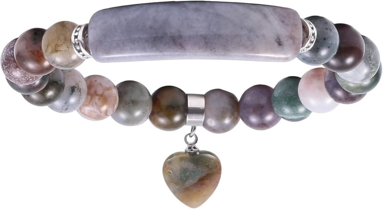 TUMBEELLUWA Healing Stone Bracelet 8mm Beads Chakra Crystal Energy Heart Charm Bracelet Handmade Jewelry for Women