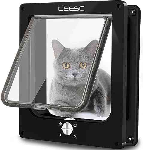 CEESC Large Cat Door for Interior/Exterior, for Pets <23.62", Black | Rotary 4-Way Lock, Weatherproof, Fits doors 1.26-2.14", Adjustable tunnel depth, Upgraded version