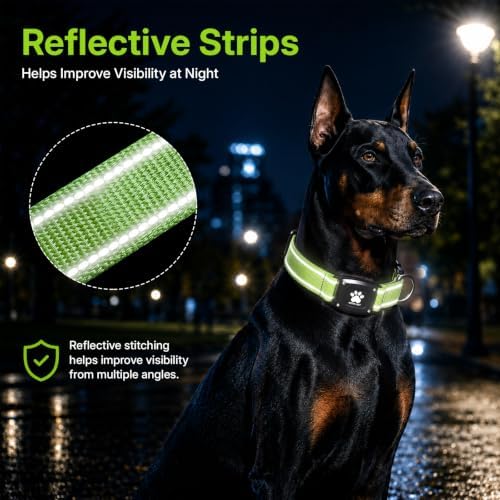 GPS Dog Collar with Tracker, Waterproof, No Monthly Fee, Green, M | Works with Apple Find My, iOS Only, MFi Certified, No SIM Card, for Medium Dogs, Reflective Padded Nylon, Neck 14.5-19.5 in