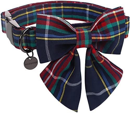 DOGWONG Christmas Dog Collar with Sailor Bow tie, Red Blue Plaid Dog Collar Soft Durable Adjustable Cotton Blue Tartan Gingham Puppy Collar for Small Medium Large Dog