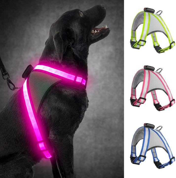 Visinite LED Dog Harness, USB Rechargeable Light Up Dog Vest, 2 Illuminate Modes Glow in The Dark Dog Harness, Adjustable Lighted Pet Harness Light for Night Walking Safety (Pink, S)