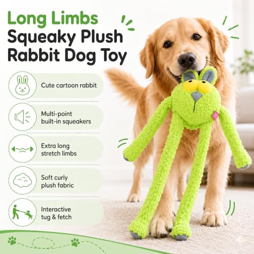 Squeaky Dog Plush Chew Toy, Interactive Tug Squeaky Toy for Chewers, Medium & Large Dogs, 31.5 Inch Stuffed Swinging Rabbit Toy with Stretchable Limbs for Gum Care & Boredom Relief, Neon-Green