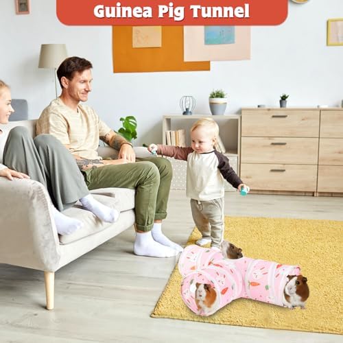 YUEPET Guinea Pig Tunnel, Guinea Pig Toys, 3-Way Play Tunnel Hideout, Pink