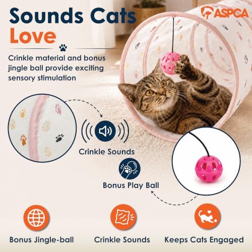 ASPCA Cat Tunnel with Rattle Toy – Interactive Collapsible Cat Tunnel for Indoor Cats, Crinkle Play Tunnel with Hanging Rattle Toy, Encourages Hiding, Chasing, Pouncing & Active Play, Paw Printed