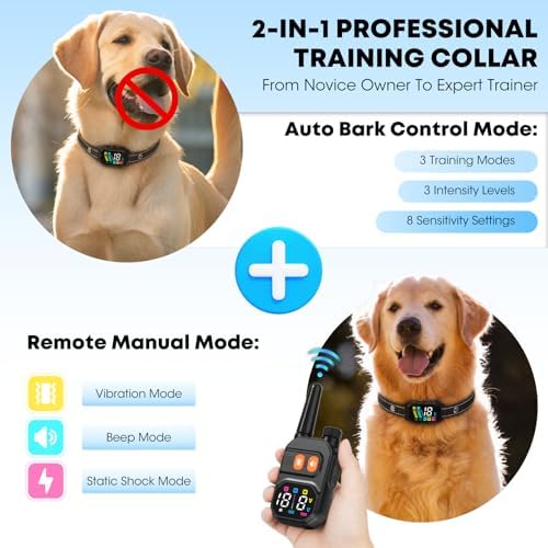 Dog Training Collar with Remote: 2-in-1 Manual & Auto Bark Control, 4 Training Modes, IP67, Rechargeable Shock Collar for Outdoor Walks & Owner Away, 5-26IN Nylon S/M/L Dogs, Phantom Black