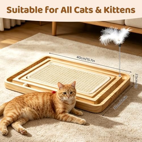 Sisal Cat Scratcher Pad with Ball Track, Wooden Interactive Cat Puzzle Toy