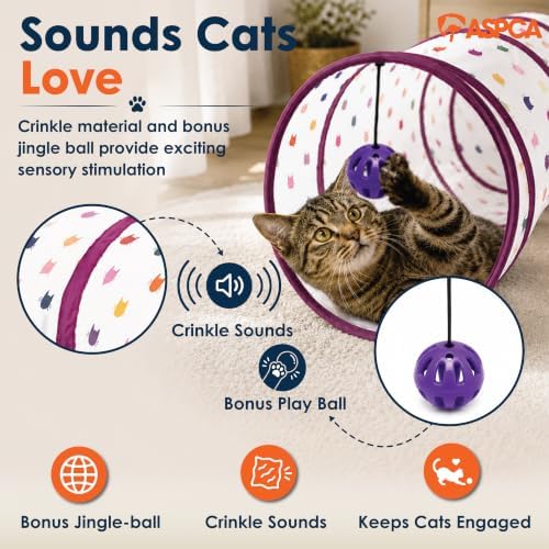 ASPCA Cat Tunnel with Rattle Toy, Interactive Collapsible Cat Tunnel for Indoor Cats, Crinkle Play Tunnel with Hanging Rattle Toy, for Hiding, Chasing, Pouncing & Active Play, Silhouette Printed