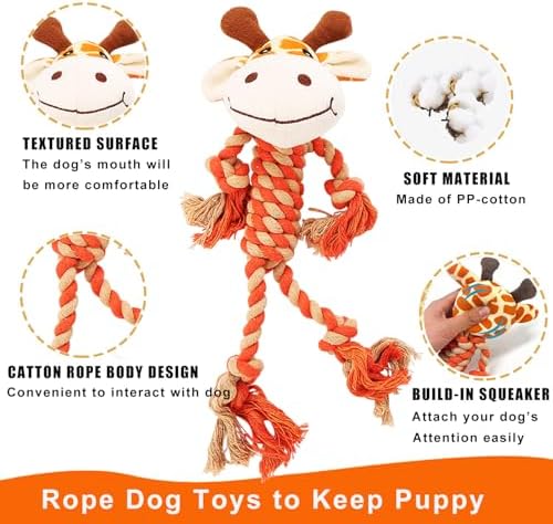 Giraffe Rope Dog Toy, Plush Fox Squeaky Dog Toy, 2 Pack
