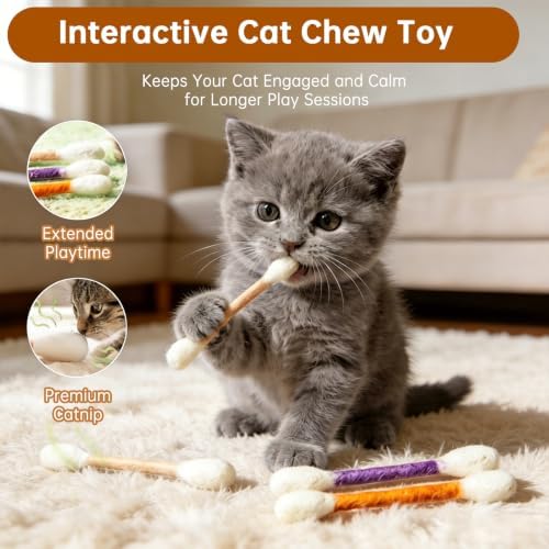 12 PC Giant Cotton Swab Catnip Toys,Cat Q Tip Toy,Felt Interactive Kicker Chew Toys for Kittens & Indoor Cats, Soft Teething Toy with Organic Catnip, Eases Anxiety & Boredom, Cat Lover Gift (Mix D)