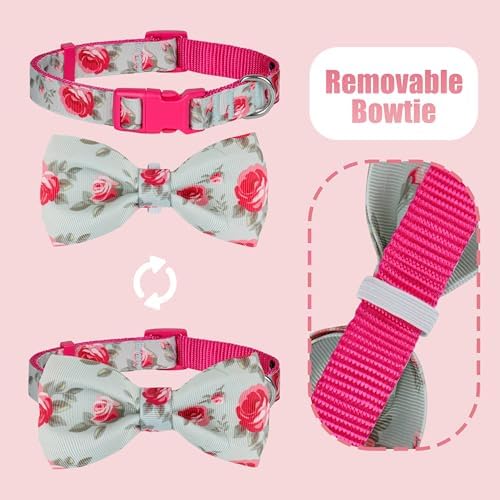 azuza Dog Collar with Bow Tie, Soft and Comfortable Adjustable Bowtie Dog Collar for Large Dogs (L, Camellia Flower)