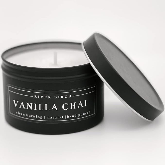 River Birch Candles Vanilla Chai Scented Candle | Premium, All-Natural, Non-Toxic, Soy Candles | 8 oz. Matte Black Tin Travel Candle | Cozy Relaxing Gifts for Home
