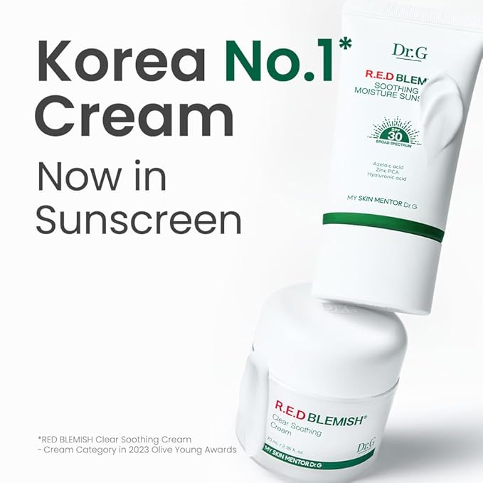 Dr. G R.E.D. Blemish Soothing Up Moisture Sunscreen - Korean Sunscreen with No White Cast - Broad Spectrum SPF for Sensitive Skin - Non-Greasy - With Hyaluronic & Azelaic Acid - 1.69 fl oz