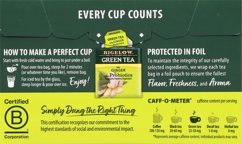 Bigelow Tea Green Tea with Ginger Plus Probiotics, Caffeinated, 18 Count, (Pack of 1), 18 Total Tea Bags