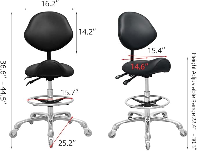 Saddle Stool Chair with Back Support Footrest, Heavy-Duty(350LBS), Hydraulic Rolling Swivel Adjustable Stool Chair for Salon Spa Beauty Massage Dental Clinic Home Office Use(Black)