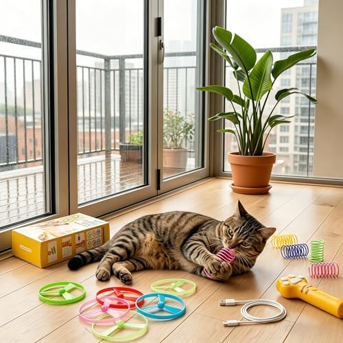 Cat Dog Launcher Toy, Rechargeable Interactive Pet Toy with LED Lights Cat Fetch Toys with 6 Flying Spinner Discs, 8pcs Cat Spring Toy, Adjustable Launch Control for Hunting Indoor Outdoor