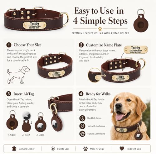 Personalized Genuine Leather Dog Collar with Name & Phone Number-Brown XS