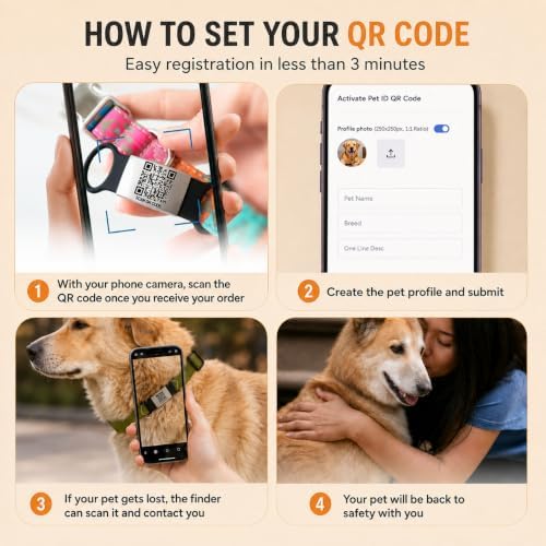 Personalized QR Code Pet ID Tag – Silent Slide-On Name Tag for Dogs and Cats – Scannable Lost and Found Smart Tag – Custom Engraved Pet Identification for Collars and Harnesses