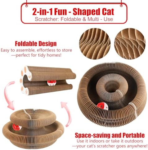2pcs Cat Pad Scratcher Toys, Magic Organ Cat Toy & Kitty Curls Cat Toy, Interactive Cardboard Cat Scratching Board with Bell Balls, Corrugated Scratcher for Indoor Cats, Light Brown