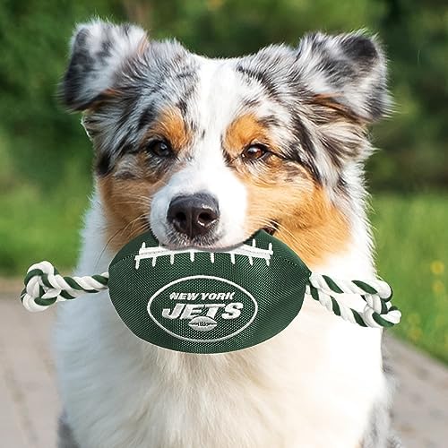 Pets First NFL New York Jets Football Dog Toy, Tough Quality Nylon Materials, Strong Pull Ropes, Inner Squeaker, NFL Team Color