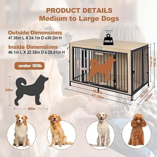 48" XL Dog Crate Furniture for Large Dogs,Farmhouse Light Oak Wood Dog Kennel, Heavy DutyAnti-Chew Steel Frame, Escape Proof Pet Crate, 3Door Indoor Dog House, TV Stand EntertainmentCenter 350LB
