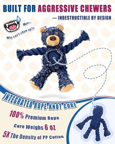 Ragged Bear Dog Toys for Aggressive Chewers, Indestructible Dog Toys with Tough Rope Core, Resistant Squeak Pet Toy for Boredom and Teething, Suitable for All Breed