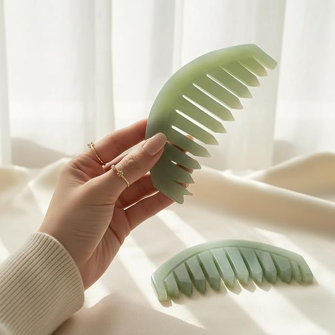 2Pcs Nature Jade Stone Massage Comb,Traditional Natural Jade Massager Acupuncture Head Therapy Trigger Point Treatment On Head Gua Sha Board Manual Scalp Massagers Massage Tools