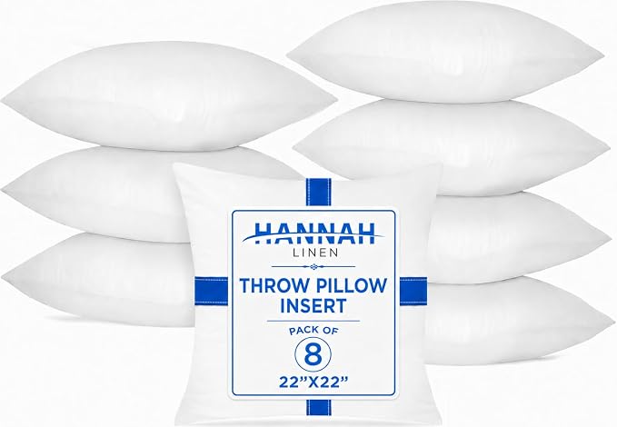 Hannah Linen Throw Pillow Inserts 22x22 – 8 Pack Square Decorative Cushion Stuffers for Couch, Sofa & Bed – Soft Fluffy Polyester Filled Pillow Inserts for Indoor Home Décor