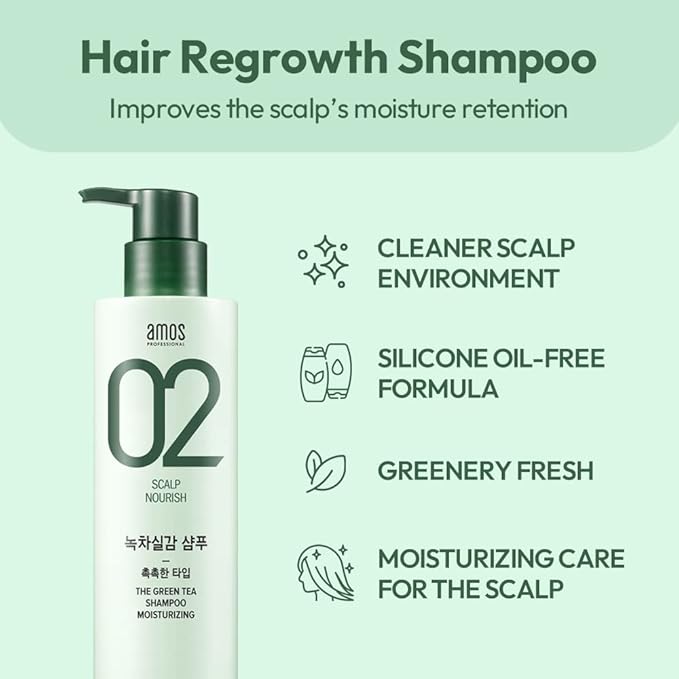 AMOS PROFESSIONAL The Green Tea Shampoo Moisturizing [For Normal/Dry Scalp] 17.6oz (500g) | Anti-Thinning and Anti- Hair Loss Shampoo for Hair Growth and Moisture | Korean Hair Salon Brand