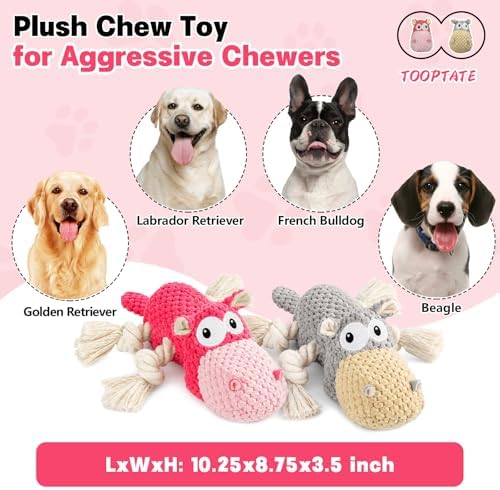 TOOPTATE 2-Pack Squeaky Hippo Dog Toys, Gray & Pink, Medium