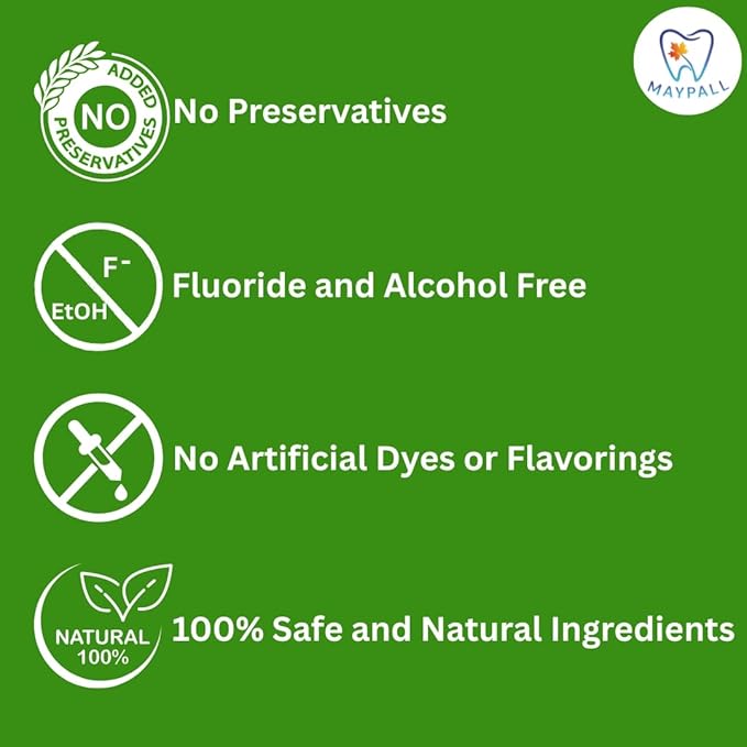 MayPall Maple Flavored Kid's Mouthwash, Safe to Swallow, Natural, Promotes Healthy Teeth, Gentle Taste, No Burn, Fluoride Free, Alcohol Free, 16.9oz (Pack of 2).