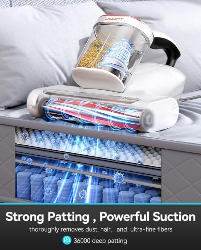 uwant Bed Cleaner with 16Kpa Suction Metal Roller 253.7nm Uv-c Light Mattress Vacuum Cleaner 36000RPM/Min 149℉ Heating HEPA Filter&Ultrasonic Mattress Vacuum for Sofa, Pillow, Bed Throws Set of 1