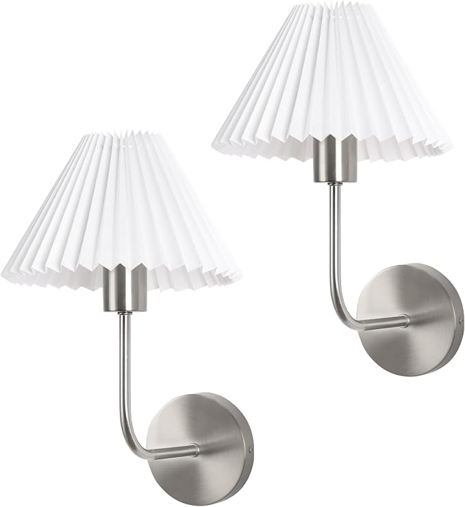 Wireless Wall Sconce Sets of 2, Pleated Shades Rechargeable Battery Operated Wall Sconce, Retro Industrial Brushed Nickel Bathroom Vanity Lights, Wall Mounted Lamps for Bedroom Living Room Hallway