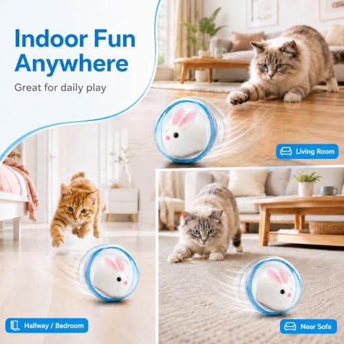 Self Rolling Interactive Cat Ball, Automatic Moving Cat Toy with Plush Animal Inside, 360° Rolling Cat Chasing Ball with Transparent Ball for Cats Dogs Small Pets (Blue,Rabbit)