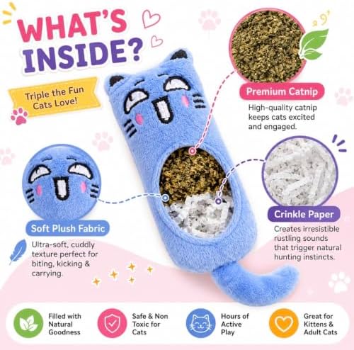 Plush Catnip Cat Toy with Crinkle Paper – Interactive Cat Kicker Toy for Indoor Cats, Soft Stuffed Kitten Toy, Set of 5 -Kitty Whiskers Playhouse