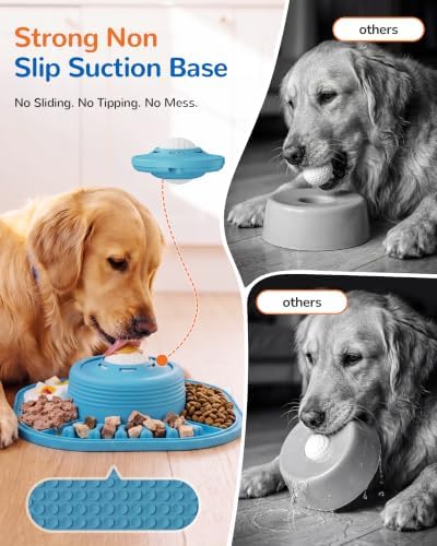 Slow Feeder Dog Bowl, 4-in-1 Enrichment Feeder with Interactive Roller Ball, Puzzle Lick Mat, Converts to Large Capacity Water Bowl, Strong Suction Base, for Dry & Wet Food