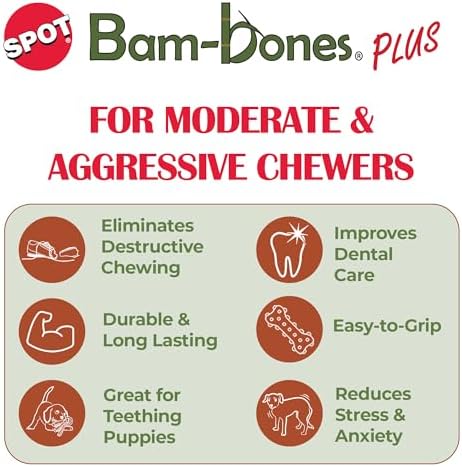 SPOT Bam-Bones Plus T Bone - Bamboo Fiber & Nylon, Durable Long Lasting Dog Chew for Aggressive Chewers – Toy for Dogs & Puppies Under 90lbs, Non-Splintering, 7in, Allergen Free Peanut Butter Flavor