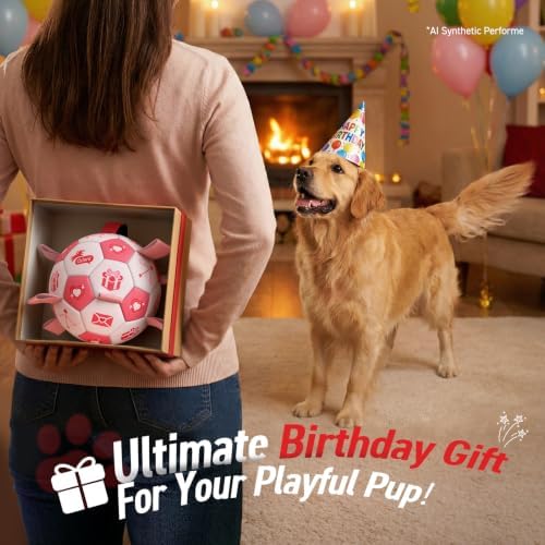 QDAN Dog Birthday Toys, Pink Soccer Ball with Straps, Interactive Tug of War Toy, Puppy Birthday Gifts, Water Toy, Durable Dog Balls for Medium Large (8 Inch)