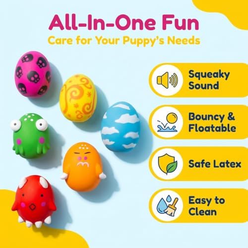Squeaky Dog Toys for Interactive Fetch Play Durable Chewing Soft Rubber Latex Bouncy Egg Balls Puppy Toys with Cute Pattern Funny Face for Puppy Small Medium Dogs 6PCS